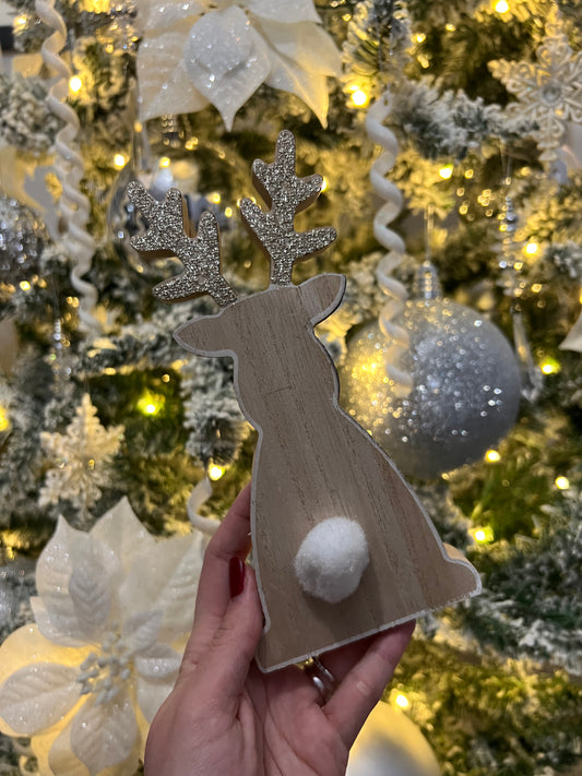 Wooden Sitting Christmas Reindeer Ornament Freestanding