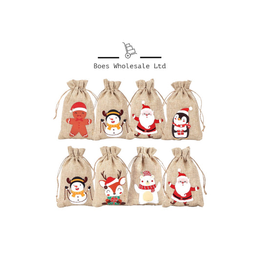 6 Pack Burlap/Hessian Christmas Bags