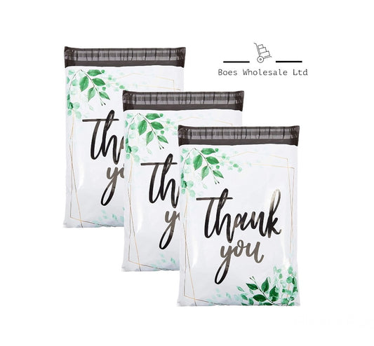 Green/White Floral Thank You Postal Bags - Pack of 10
